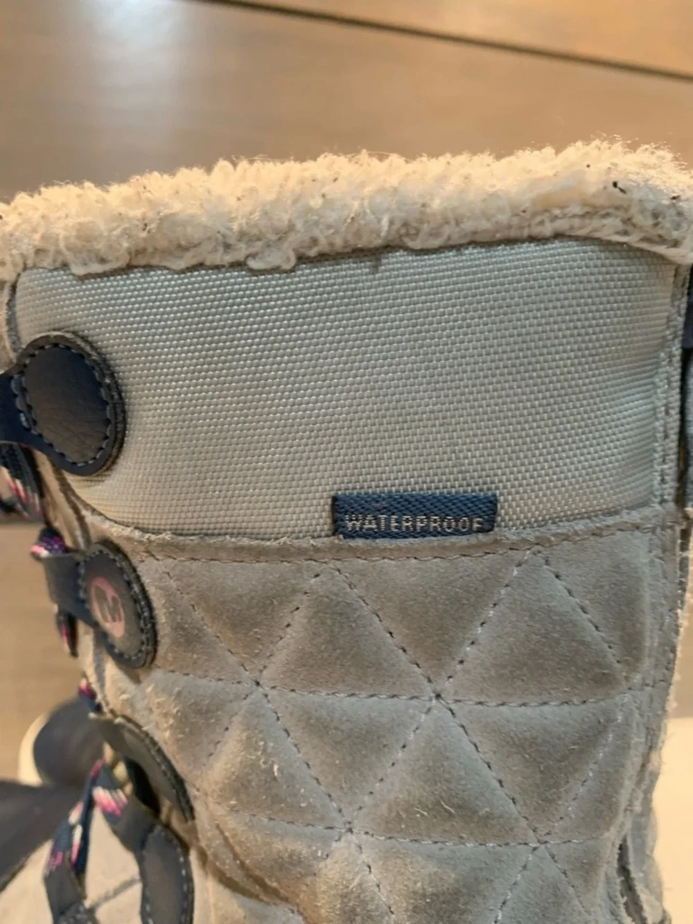 Merrell Kids Heidi Waterproof Boots Gray & Navy Sz 3 Winter Snow Quilted Casual